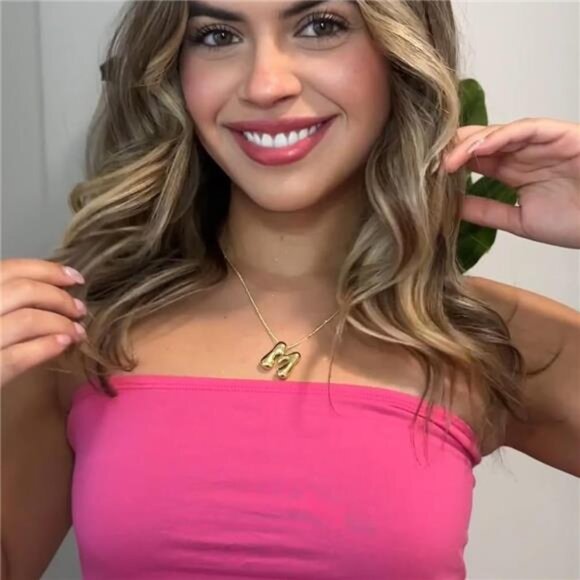 Gold Bubble Letter M Necklace for Women Dainty 14K Gold Plated Balloon Initial M - Picture 3 of 4